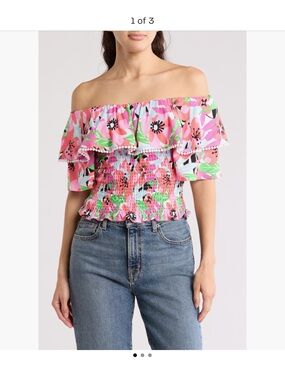 By Design Pink Floral Off-Shoulder Ruffle Short Sleeve Top